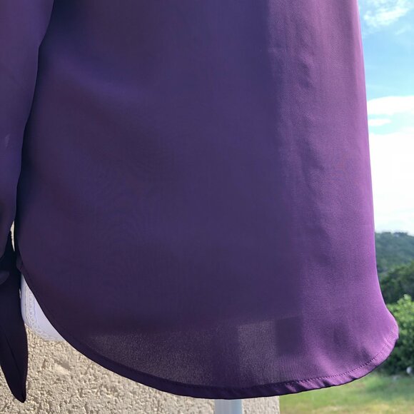 H&M Deep Purple Long-Sleeve Tie-Neck V-Neck Blouse Women's Size 2 Elegant Work - Picture 9 of 16